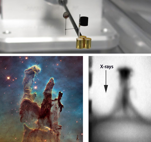 Environmental Report A target struck by laser light created in sequence three separate x-ray sources, producing a long-duration radiation field to mimic the cluster of bright massive stars illuminating the Eagle Nebula. (below, left) Radiation is key to the formation and stability of the pillars, the largest being about 19 trillion miles high. (below, right) NIF experiments replicated the result. cover.