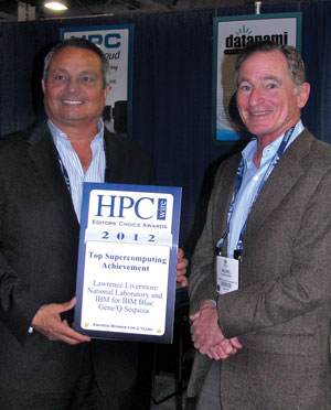 Environmental Report Michel McCoy (right in photo) was officially presented by HPCwire publisher Tom Tabor with the Editor’s Choice Award cover.