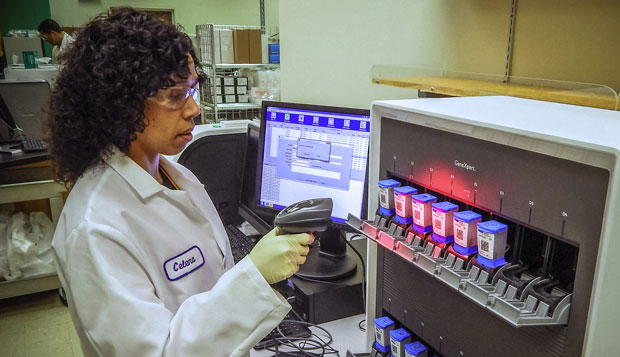 Environmental Report LLNL biomedical scientist Celena Carrillo conducts benchtop experiments in a collaboration between the Laboratory and three other institutions that assisted Sunnyvale-based Cepheid in advancing an Ebola virus detection test for emergency use. cover.