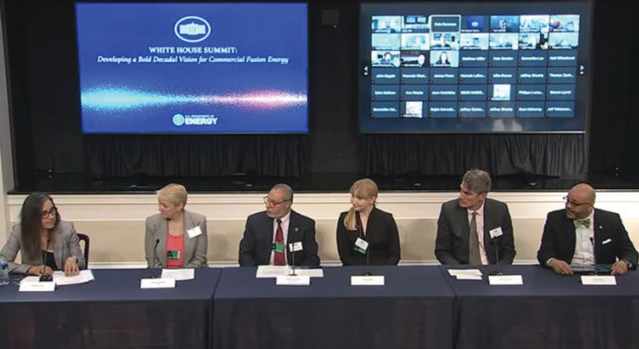 LLNL Director Kim Budil (left) moderates the opening panel at a White House Fusion Summit held in March 2022.