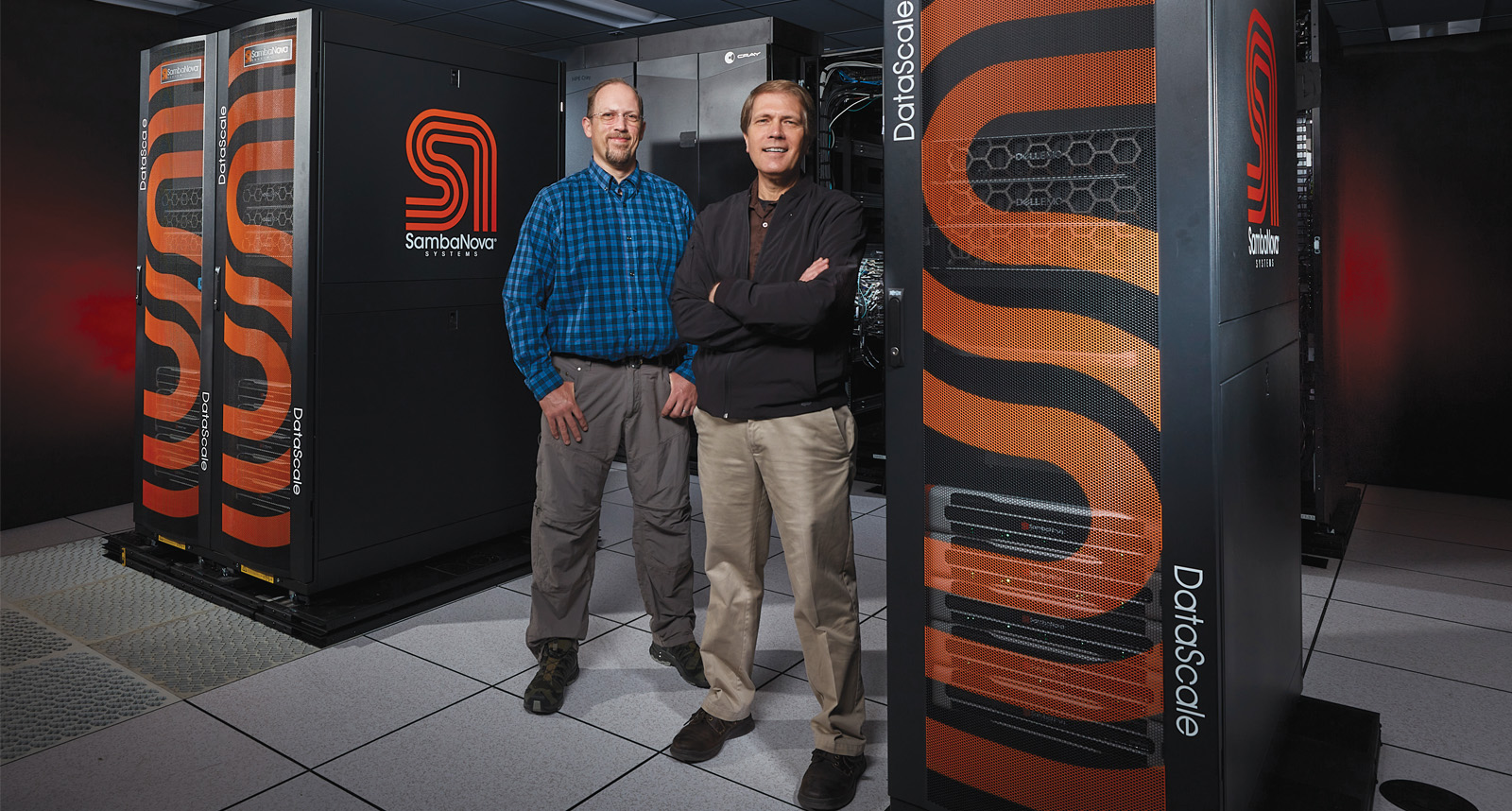 LLNL computer scientists stand by the new SambaNova artificial intelligence hardware that upgrades the Laboratory’s cognitive simulation capabilities.