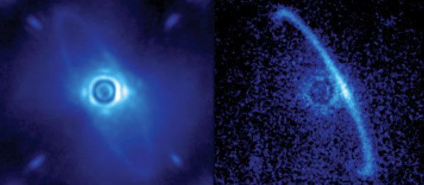 TheGeminiPlanetImagerviewedtheyoungstarHR4796A(left),located237light-yearsfromEarth,andcapturedstunningimages(right,polarizedlight)ofalight-reflectingdiskofdustorbitingthestar.