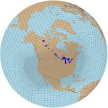 A regional climate modeling grid with 25-kilometer resolution over North America, 100-kilometer resolution elsewhere