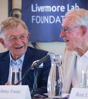 Former LLNL Directors John Nuckolls and Johnny Foster at a directors’ symposium celebrating the Laboratory’s 70th anniversary