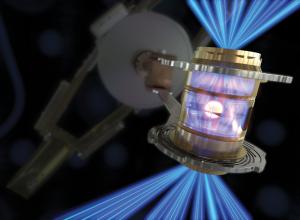An illustration of the laser implosion of a D–T fuel capsule inside a hohlraum during an inertial confinement fusion experiment.