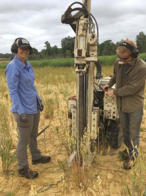 LLNL researchers collect core samples to determine how different plants affect soil carbon stocks.